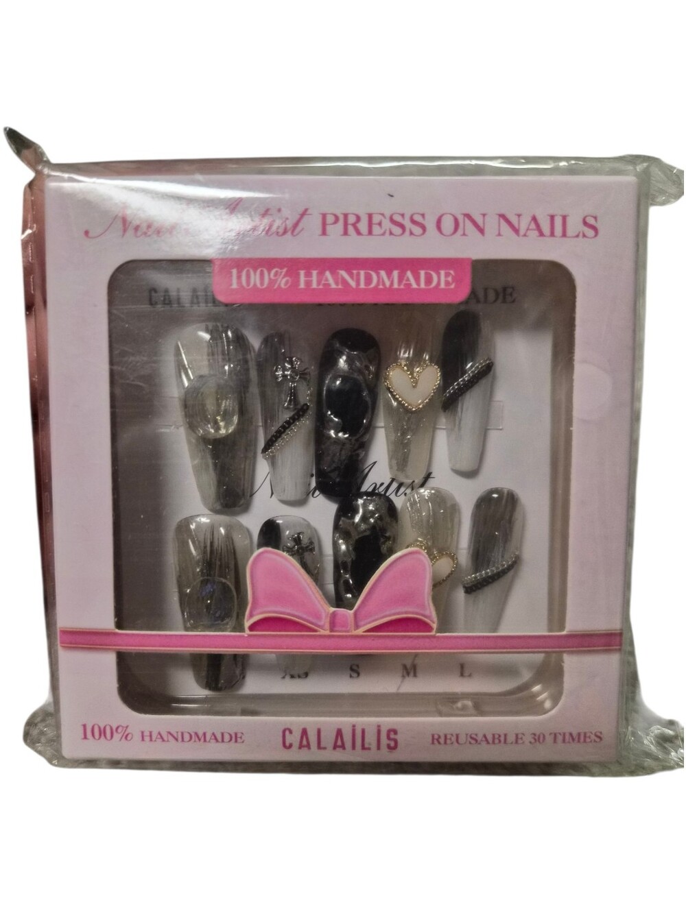 CALAILIS Handmade Press On Nails Black Silver Heart Charms 10 Pc Medium